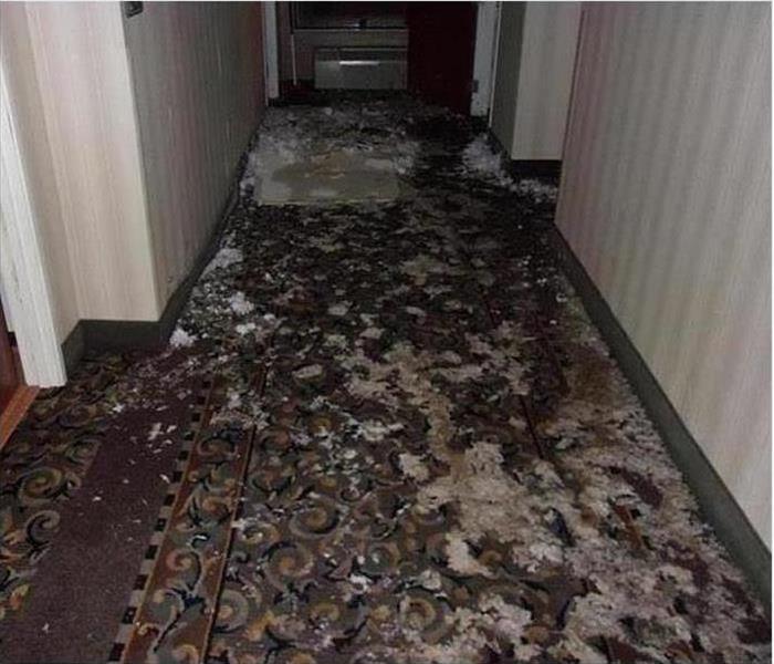 soaked hallway carpet with debris from ceiling